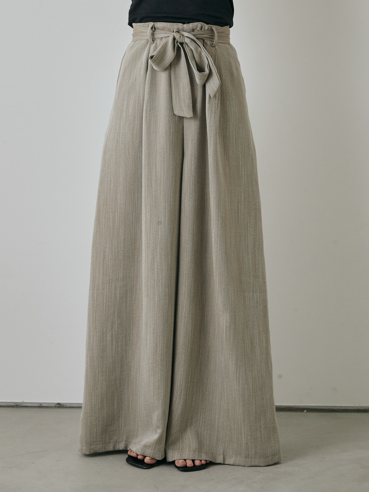 [予約]リネンライクウエストリボンワイドパンツ/ベージュ