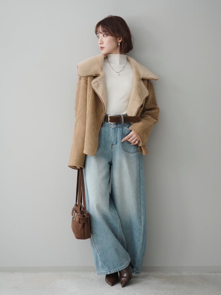 [SET]ムートンショートジャケット+ベルト付裏起毛カーブデニムパンツ(2set)