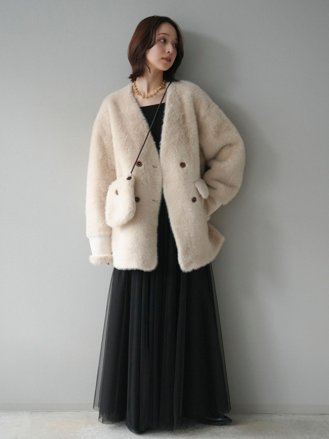 [SET]バッグ付エコファーノーカラーコート+チュールボリュームスカート(2set)