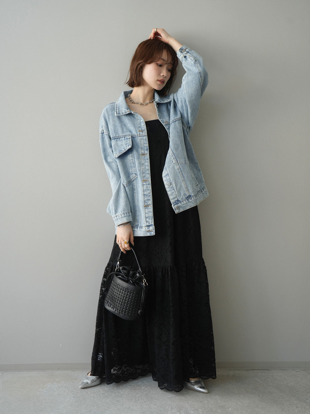 [SET]ギャザー切替レースキャミワンピース+デザインBIGポケットオーバーデニムジャケット(2set)