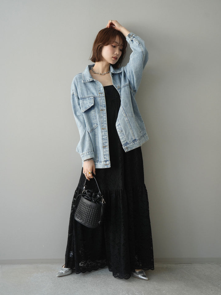 [SET]ギャザー切替レースキャミワンピース+デザインBIGポケットオーバーデニムジャケット(2set)