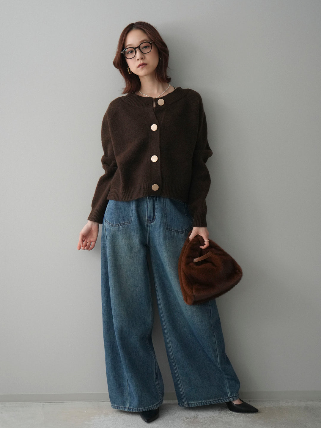 [SET]BIGボタンニットカーディガン+ベルト付裏起毛カーブデニムパンツ(2set)