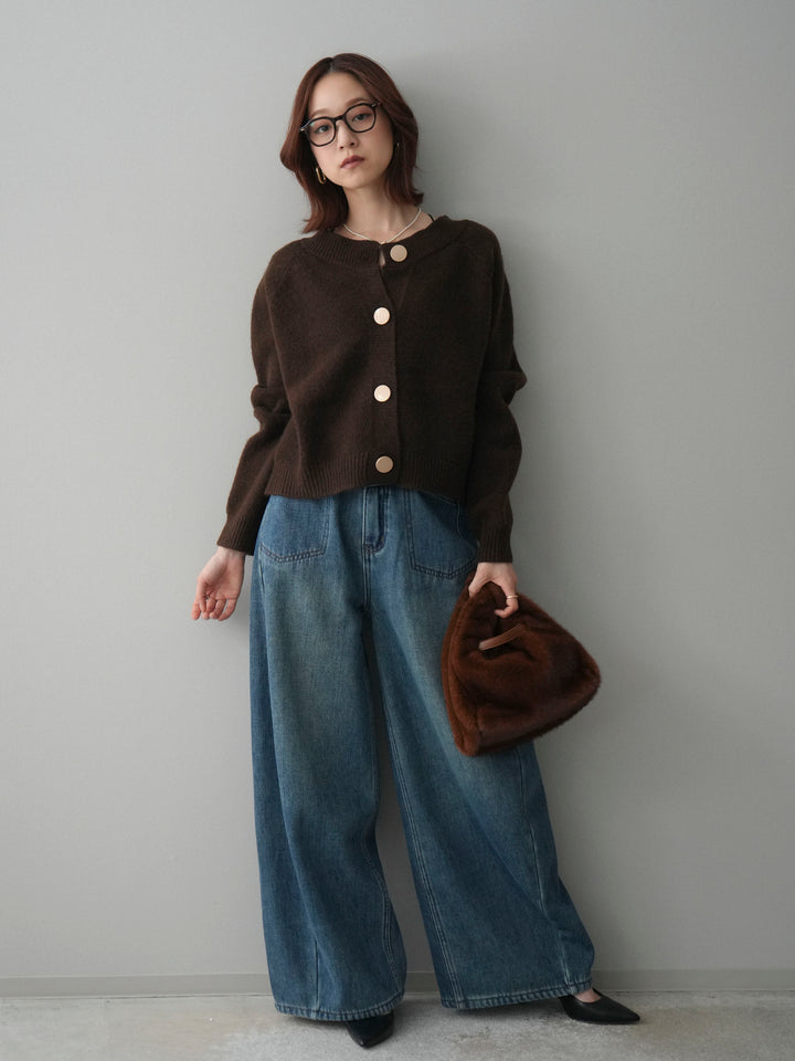 [SET]BIGボタンニットカーディガン+ベルト付裏起毛カーブデニムパンツ(2set)