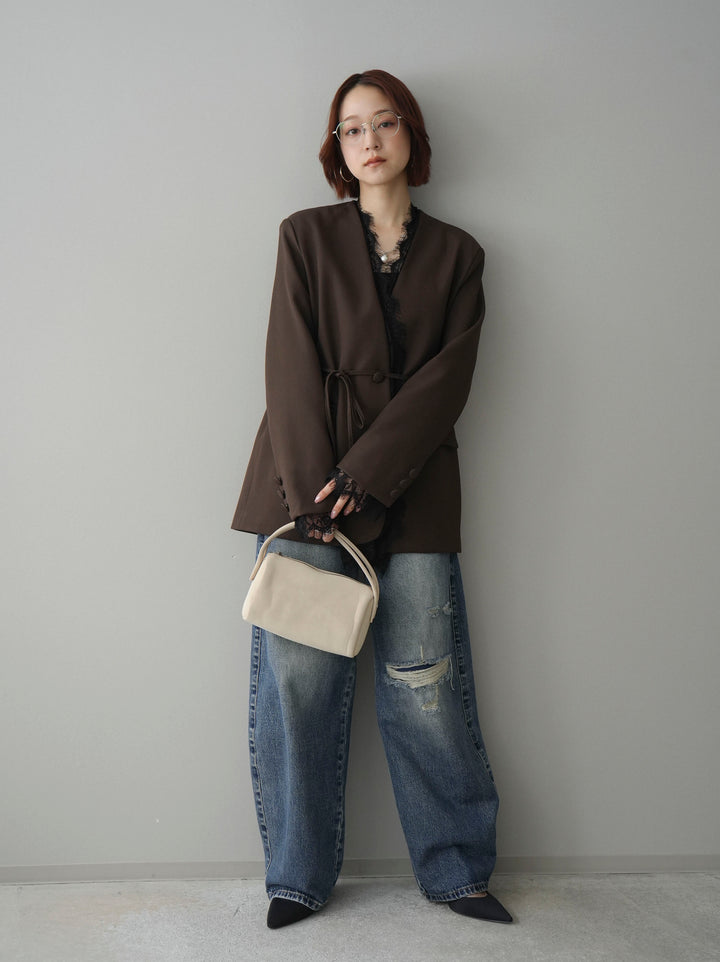 [SET]ノーカラーレースジャケット+カップ付テレコリブベアキャミソール+ダメージデニムセミワイドパンツ(3set)