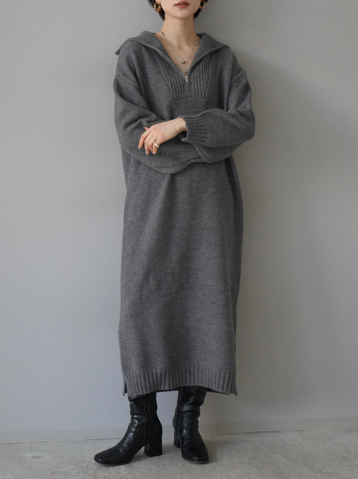 [Pre-order] High-neck zip knit dress/gray