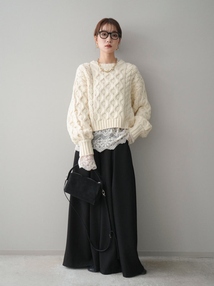 [SET]バルキーケーブルクロップドニットプルオーバー+テープベルトタックバギーパンツ(2set)