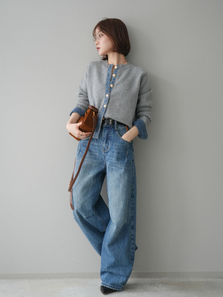 [予約]ベルト付3Dカーブワイドデニムパンツ/blue