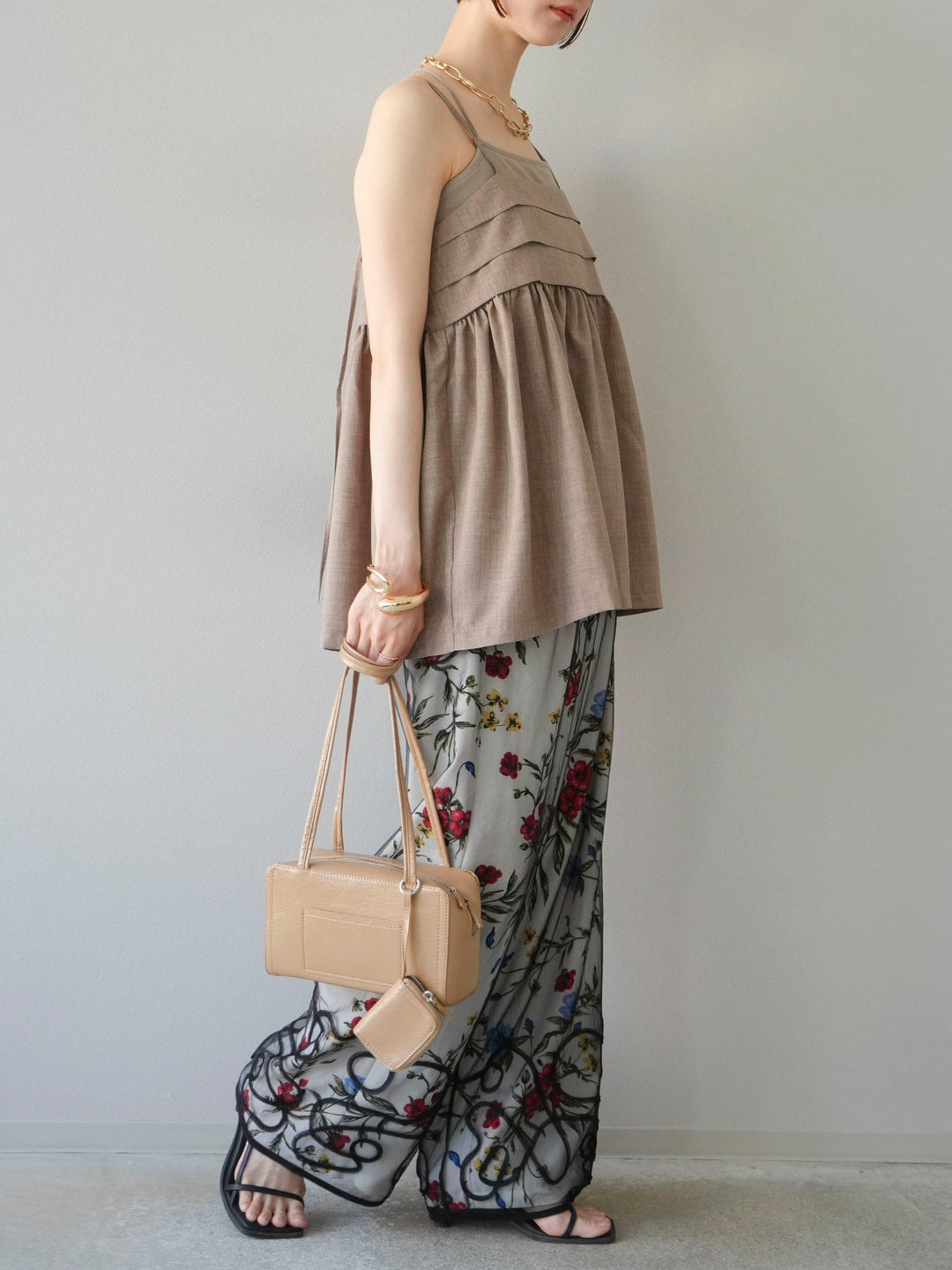 【預購】植物圖案休閒褲/米白色