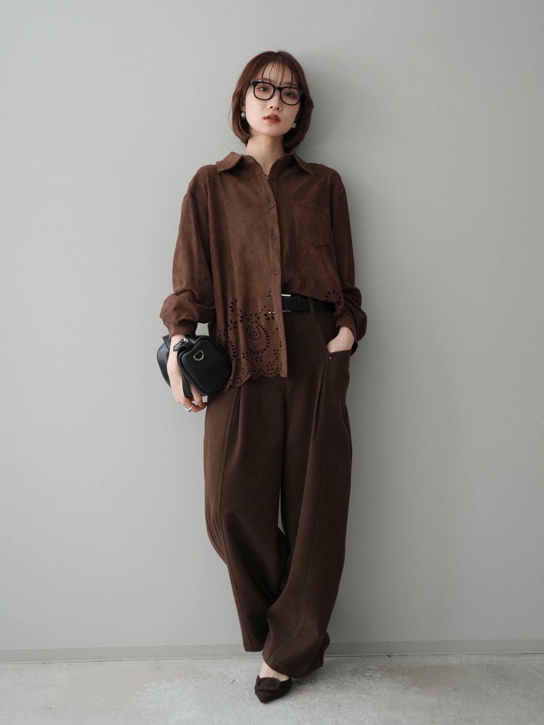 [SET]裾スカラップスエードシャツ+ベルト付起毛コクーンパンツ(2set)