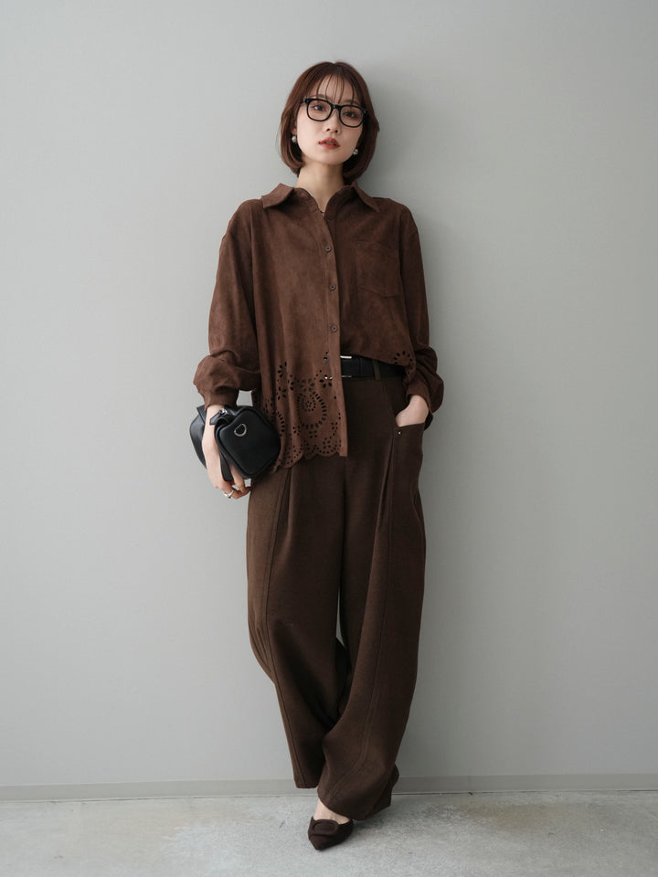 [SET]裾スカラップスエードシャツ+ベルト付起毛コクーンパンツ(2set)