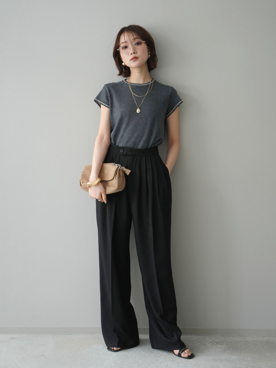[SET]配色ハーフスリーブニットトップス+メニータックワイドパンツ(2set)