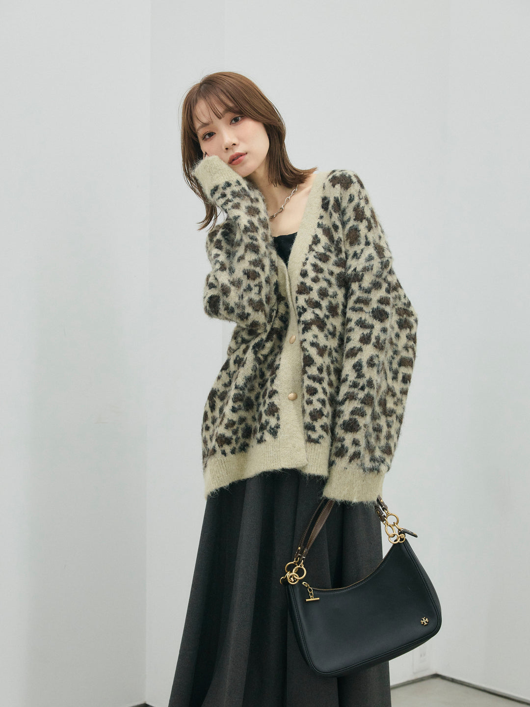 【Allure】[SET]レオパードシャギーニットカーディガン+ウールタッチフレアスカート(2set)