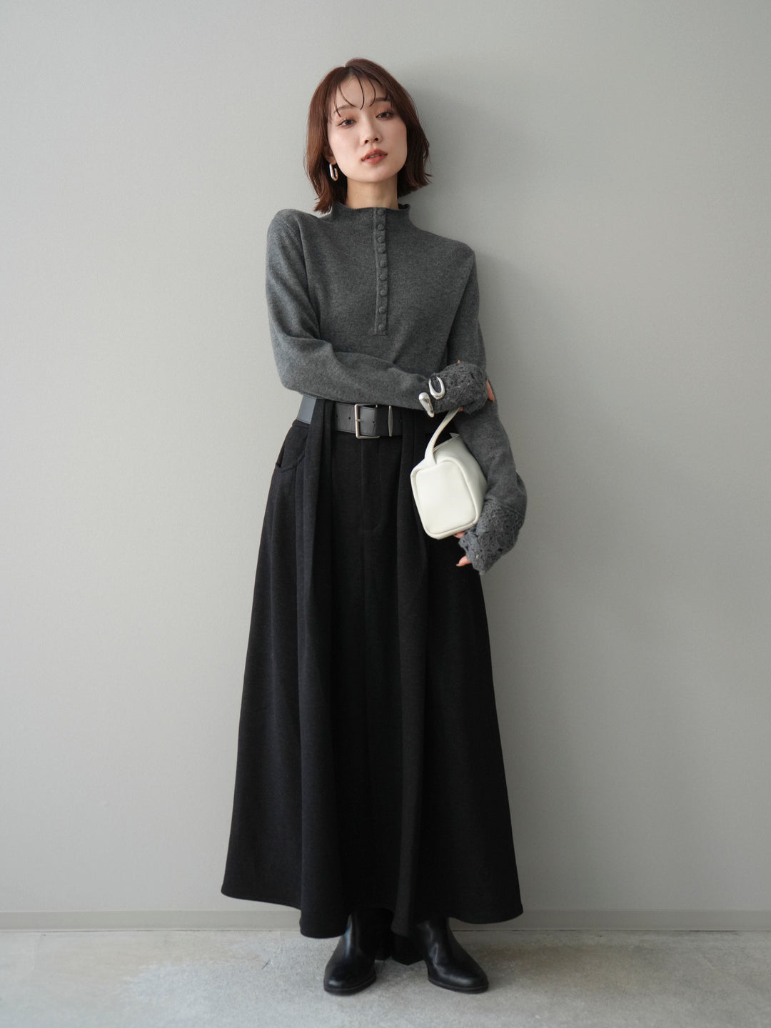 [SET]袖スカラップレースフロントボタンウールニットトップス+ベルト付きベルトループスカート(2set)