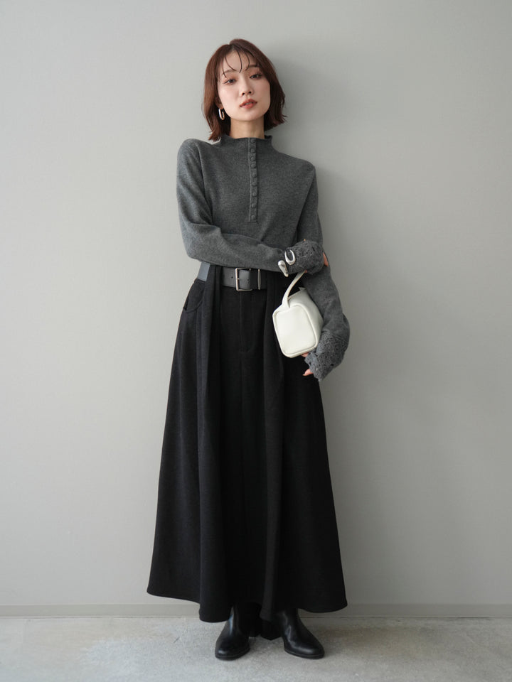 [SET]袖スカラップレースフロントボタンウールニットトップス+ベルト付きベルトループスカート(2set)