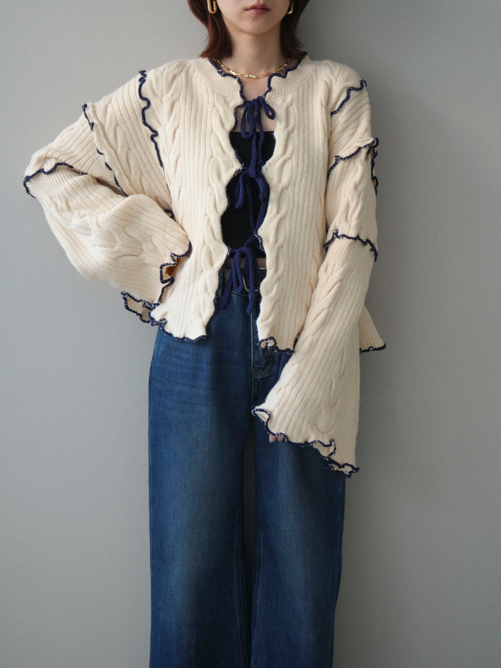 [SET]フロントリボン配色メローニットカーディガン+裏起毛裾フリンジワイドデニムパンツ(2set)