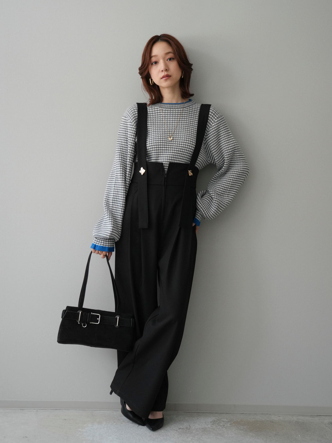 [SET]ラメ異素材ボーダーリブニットプルオーバー+ゴールドボタンサスペンダーワイドパンツ(2set)