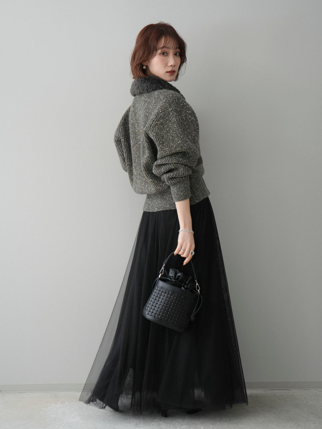 [SET]襟ボアミックスヤーンニットカーディガン+チュールボリュームスカート(2set)