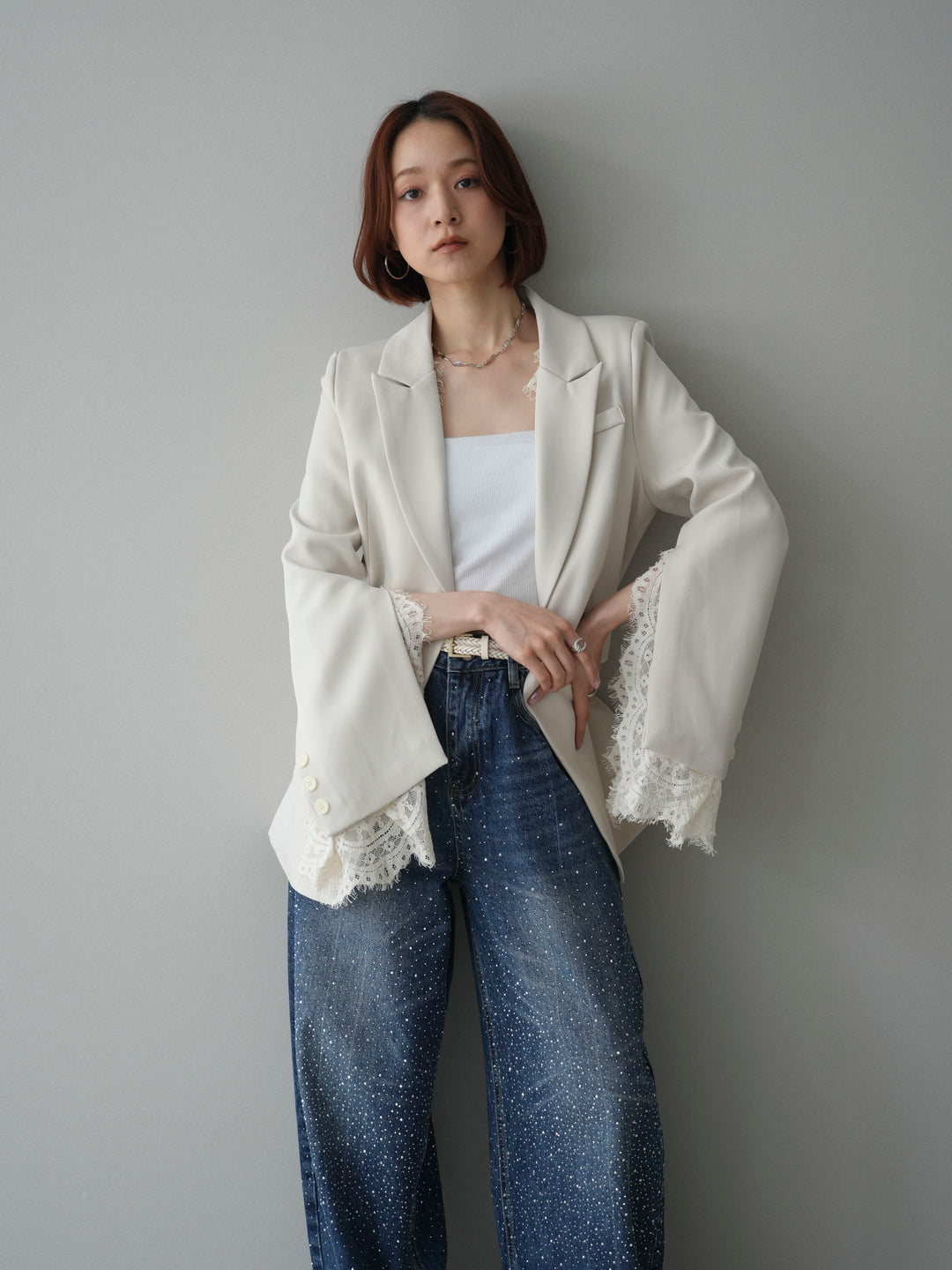 [SET]レースレイヤードスリットジャケット+選べるアクセセット(2set)