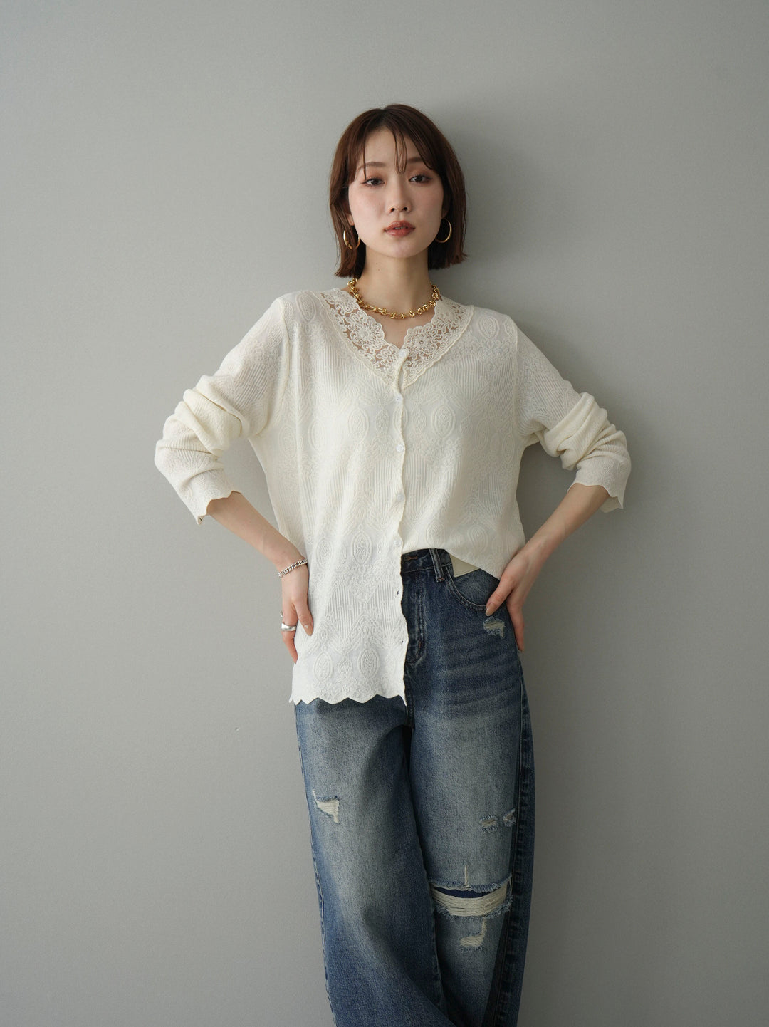 [SET]レースネックジャガードニットカーディガン+ダメージデニムセミワイドパンツ(2set)