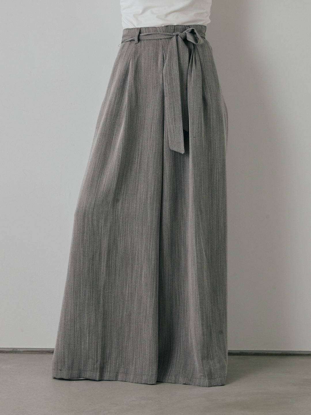 【預購】仿麻腰帶寬褲/灰色