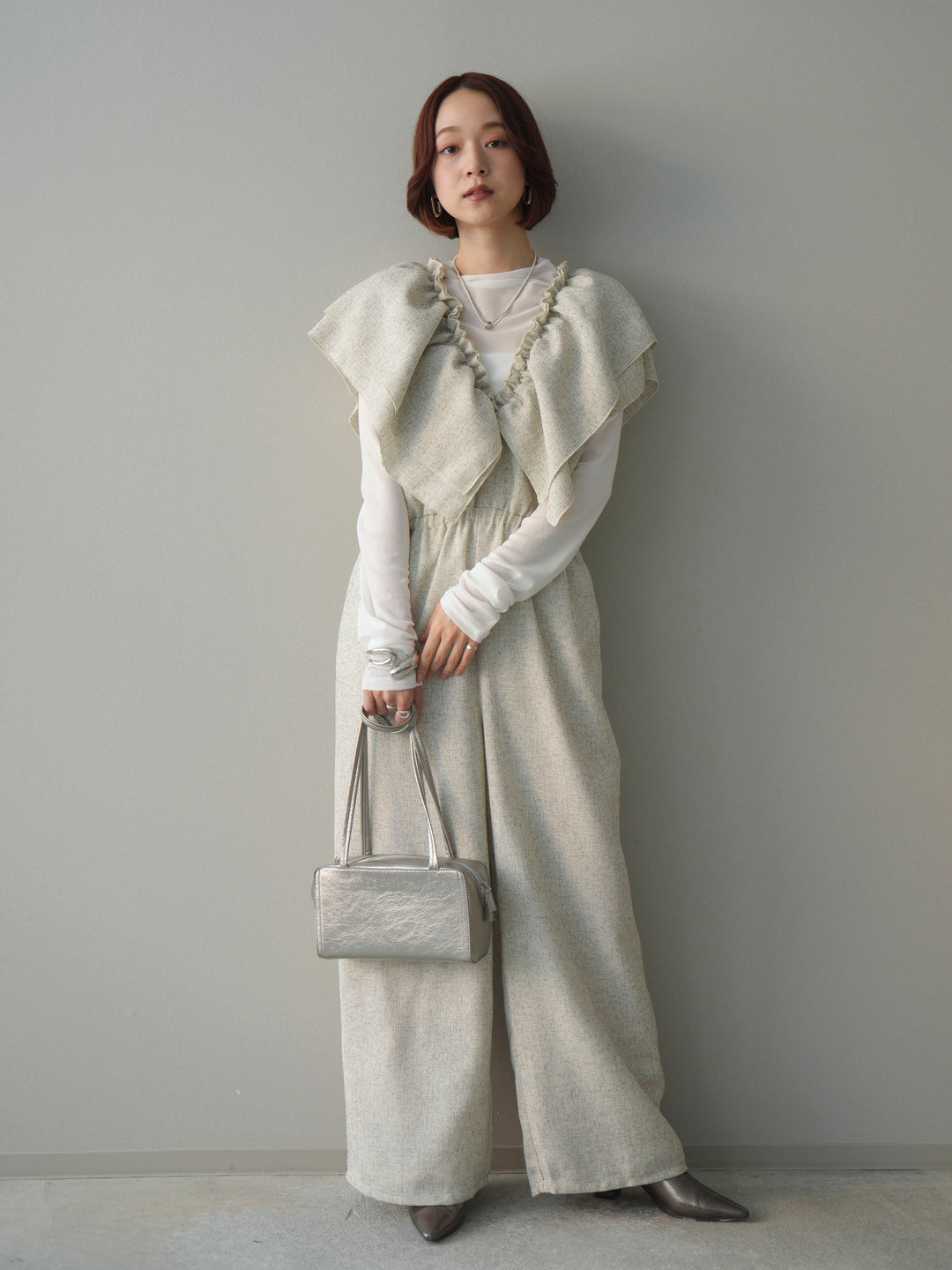 [SET]3WAYミックスツイードギャザーオールインワン+シアープチネックストレッチトップス(2set)