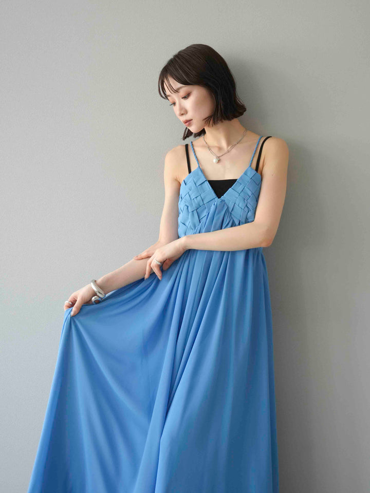 [予約]編み込みデザインシフォンワンピース/ブルー