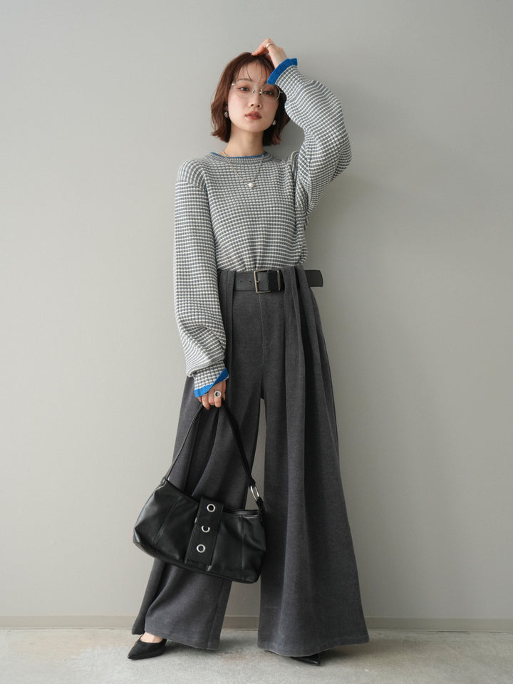 [SET]ラメ異素材ボーダーリブニットプルオーバー+ベルトデザインループコールテンワイドパンツ(ベルト付き)(2set)