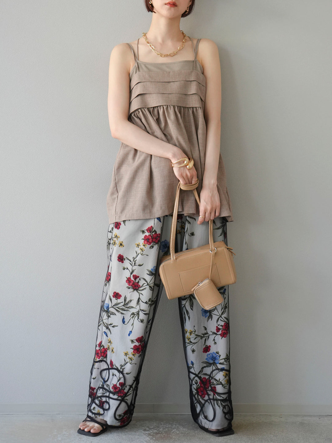 【預購】植物圖案休閒褲/米白色