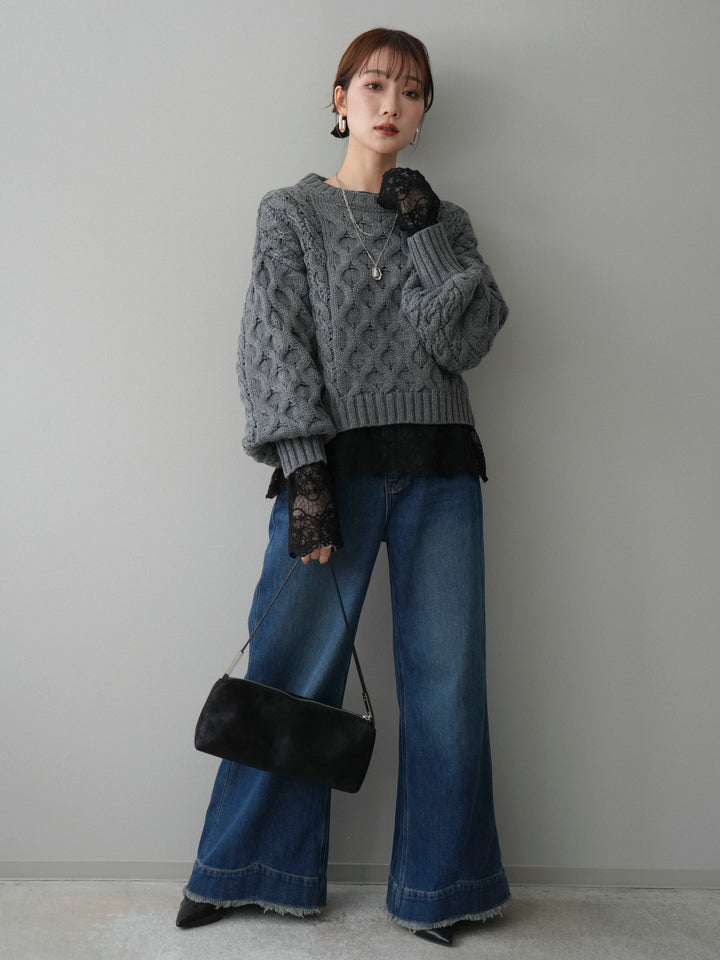 【着回しセット】[SET]バルキーケーブルクロップドニットプルオーバー+アンゴラタッチクルーネックニットプルオーバー+チュールレーストップス(3set)