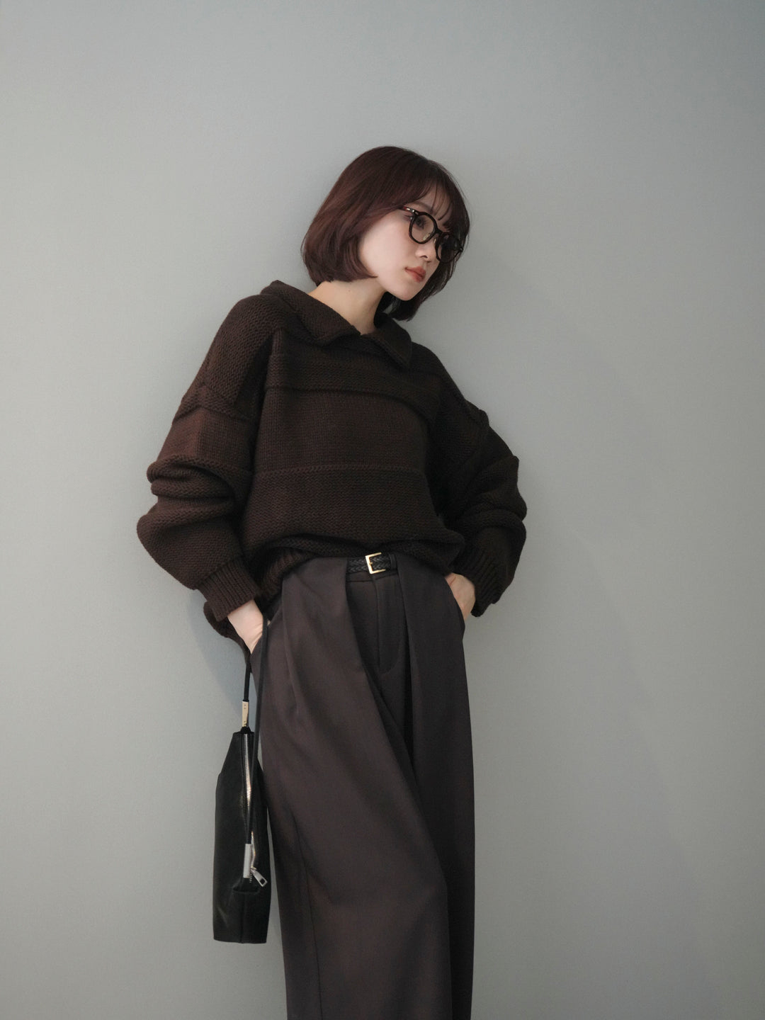 [予約]襟付きボーダー編みニットプルオーバー/brown