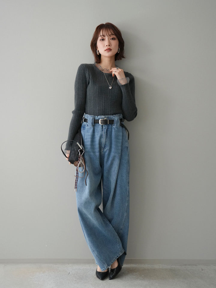 [SET]チュールドッキングリブニットトップス+ハイウエストベルトループデザインデニムパンツ(2set)