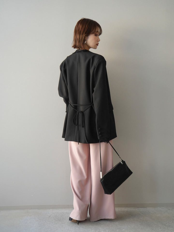 [SET]ノーカラーレースジャケット+ベルト付キーホルダーモチーフワイドパンツ(2set)