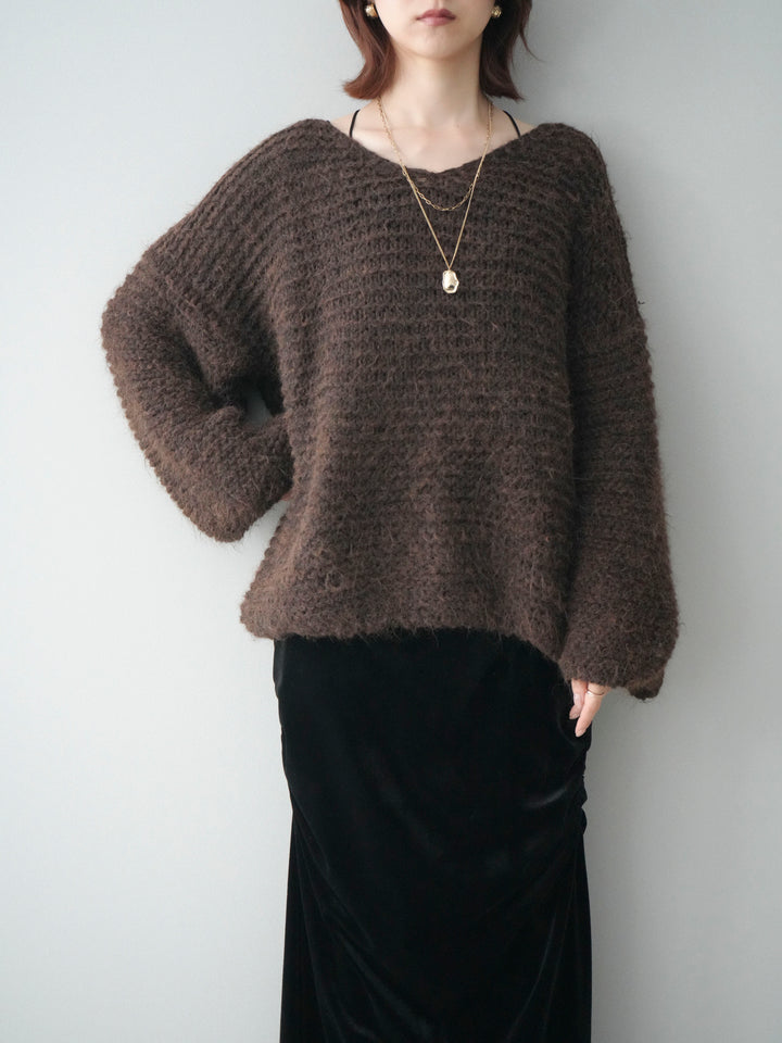 [SET]ワッフル編みシャギーニットプルオーバー+ギャザーベロアスカート(2set)