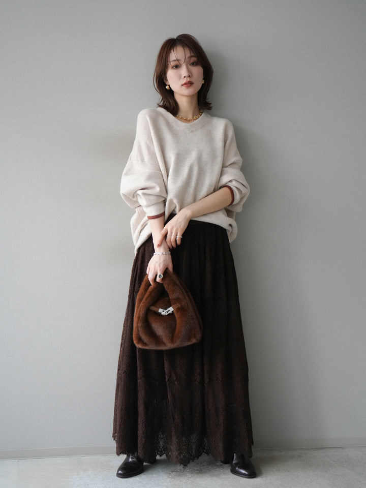 [SET]Vネック配色スリーブニットプルオーバー+選べるアクセセット(2set)