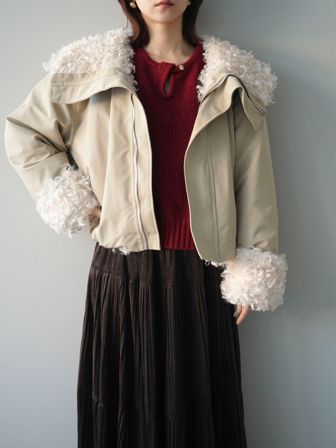 [SET]プードルファーダウンジャケット+ベロアティアードワッシャースカート(2set)