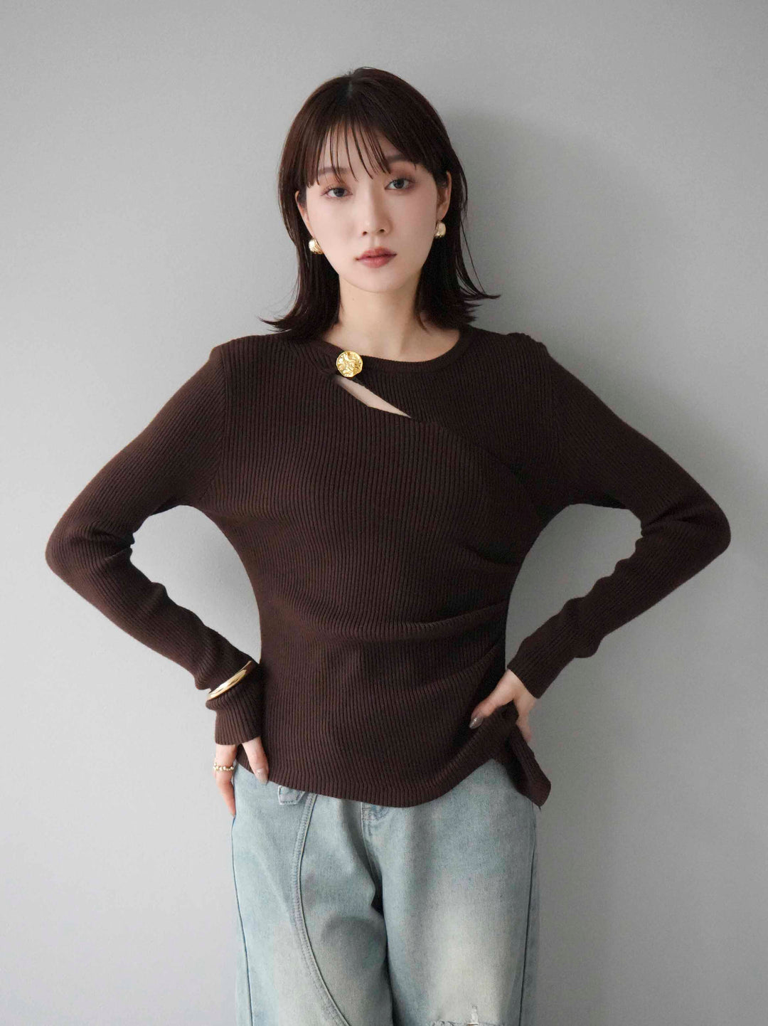 [套裝] 金色圖案設計羅紋上衣 + 選配飾品套裝（2 套）