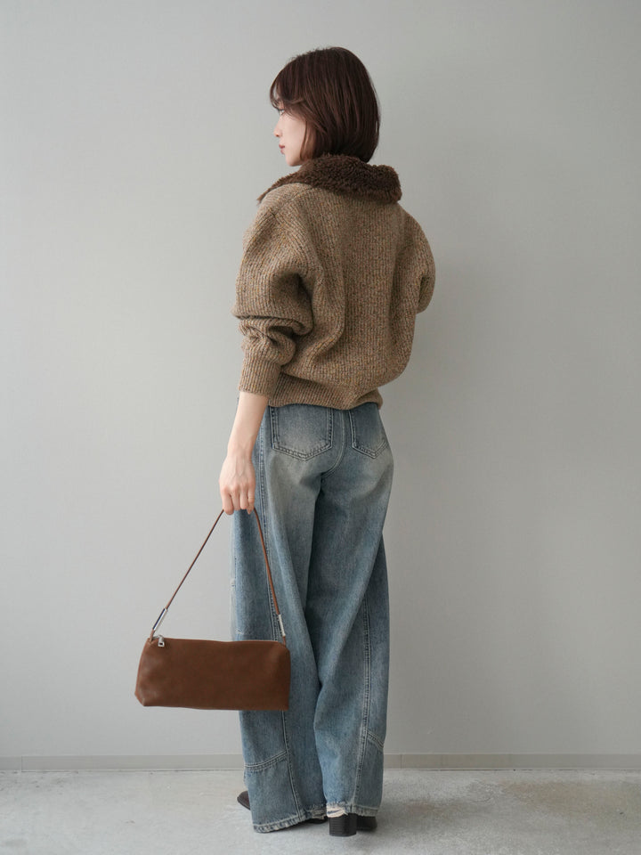 [SET]襟ボアミックスヤーンニットカーディガン+ベルト付カーブデニムパンツ(2set)