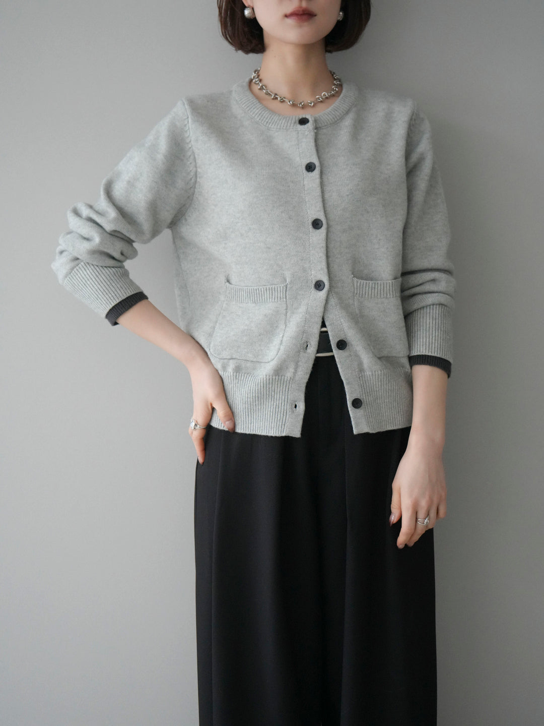 SET]袖配色ミニポケットカーディガン+ベルトループデザインワイド  
