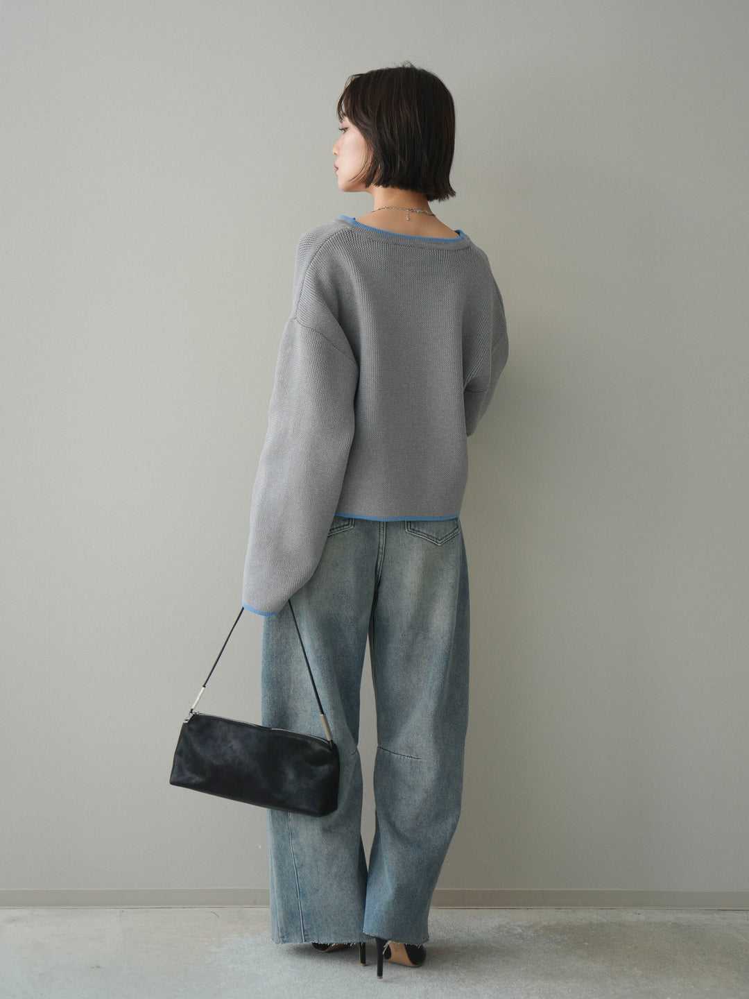 [SET]ポリエステル配色ニットカーディガン+裏起毛カットオフカーブデニムパンツ(2set)