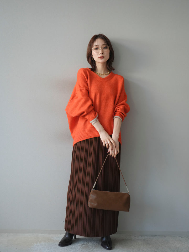 [SET]Vネック配色スリーブニットプルオーバー+選べるアクセセット(2set)