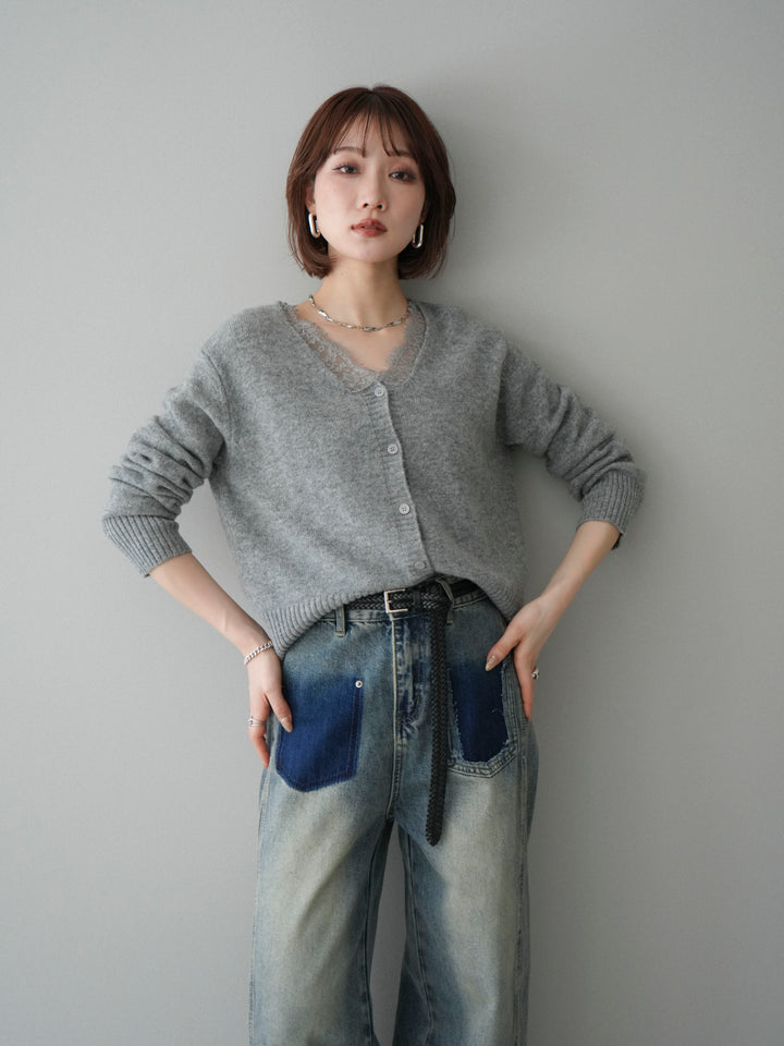 [SET]レースネックニットカーディガン+染めデザインポケットデニムパンツ(2set)