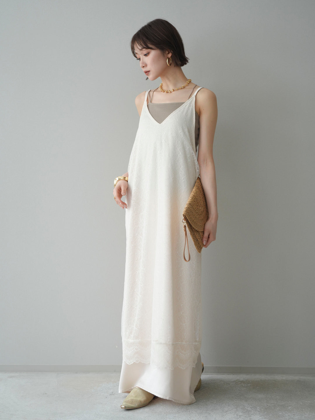 [予約]サテンレースレイヤードキャミワンピース/ivory