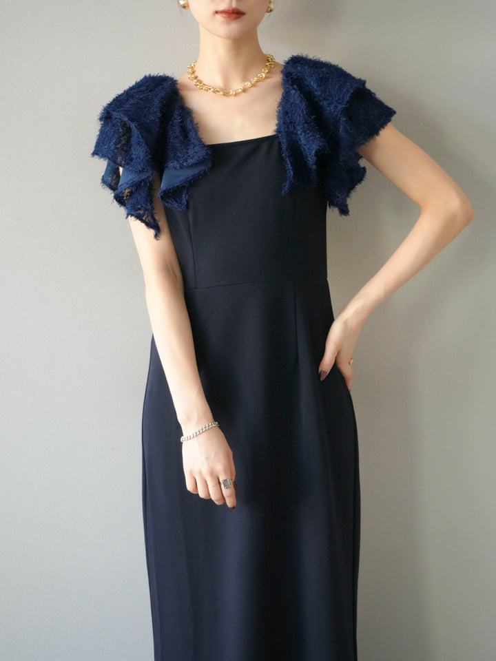 [予約]ジャガードフレアスリーブドレス/ネイビー