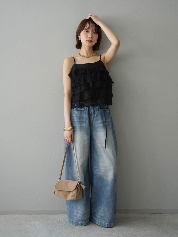 [SET]スカラップレースフリルキャミソール+フロントポケットサイドタックワイドデニム(2set)