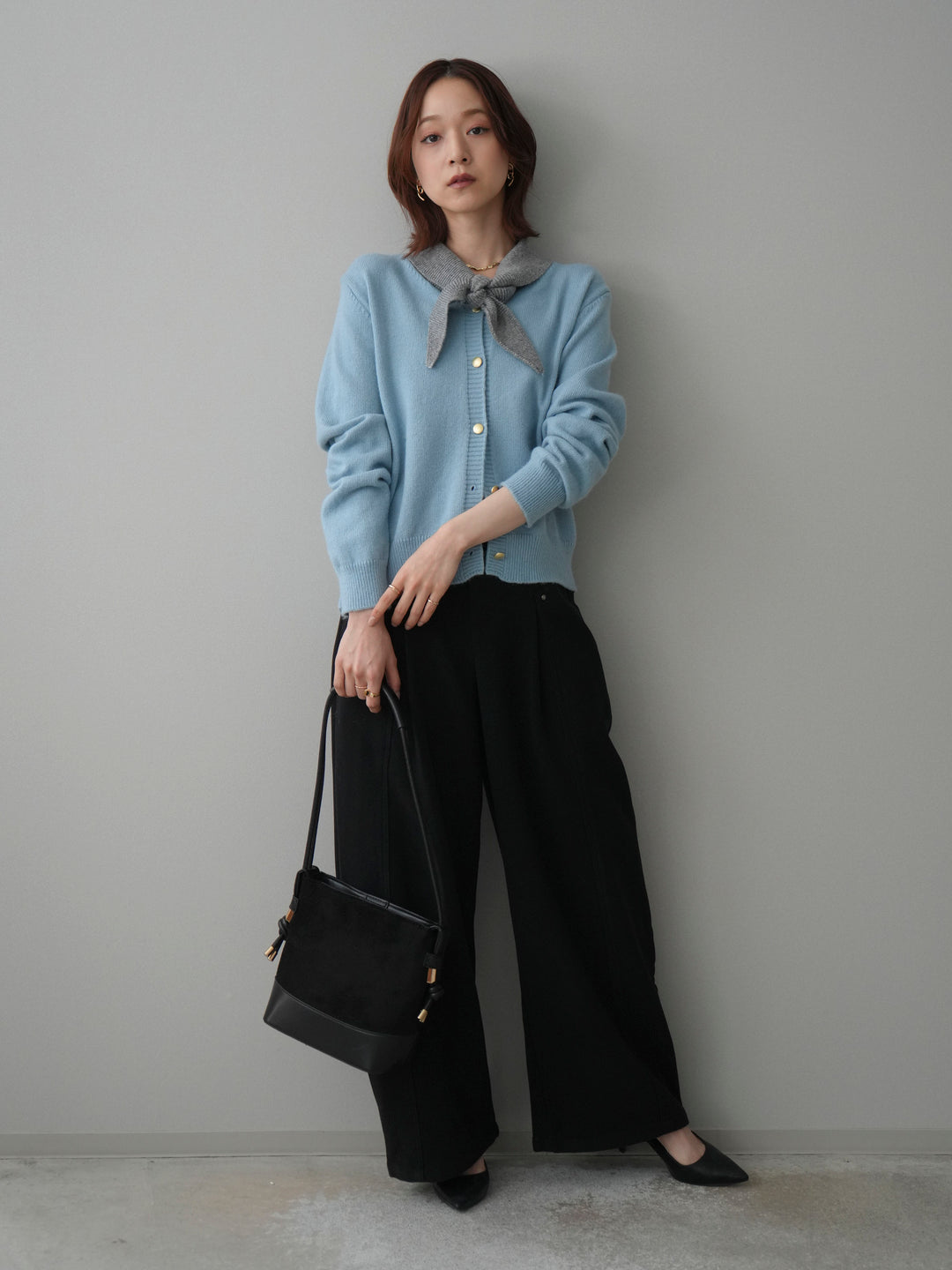 [SET]デザイン襟ニットカーディガン+ベルト付起毛コクーンパンツ(2set)