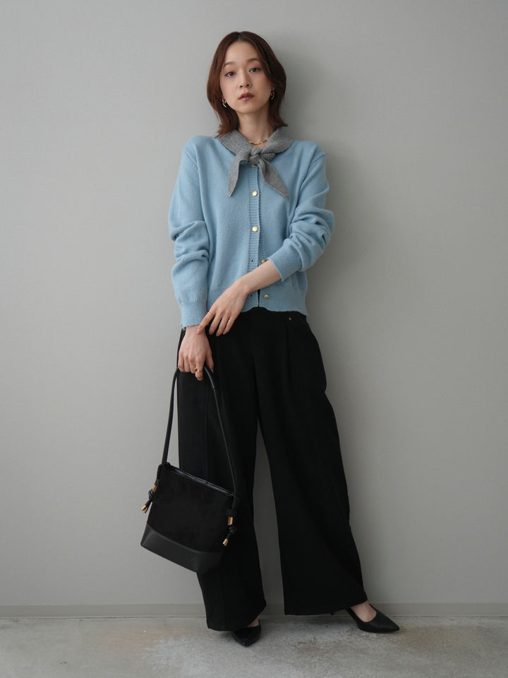 [SET]デザイン襟ニットカーディガン+ベルト付起毛コクーンパンツ(2set)