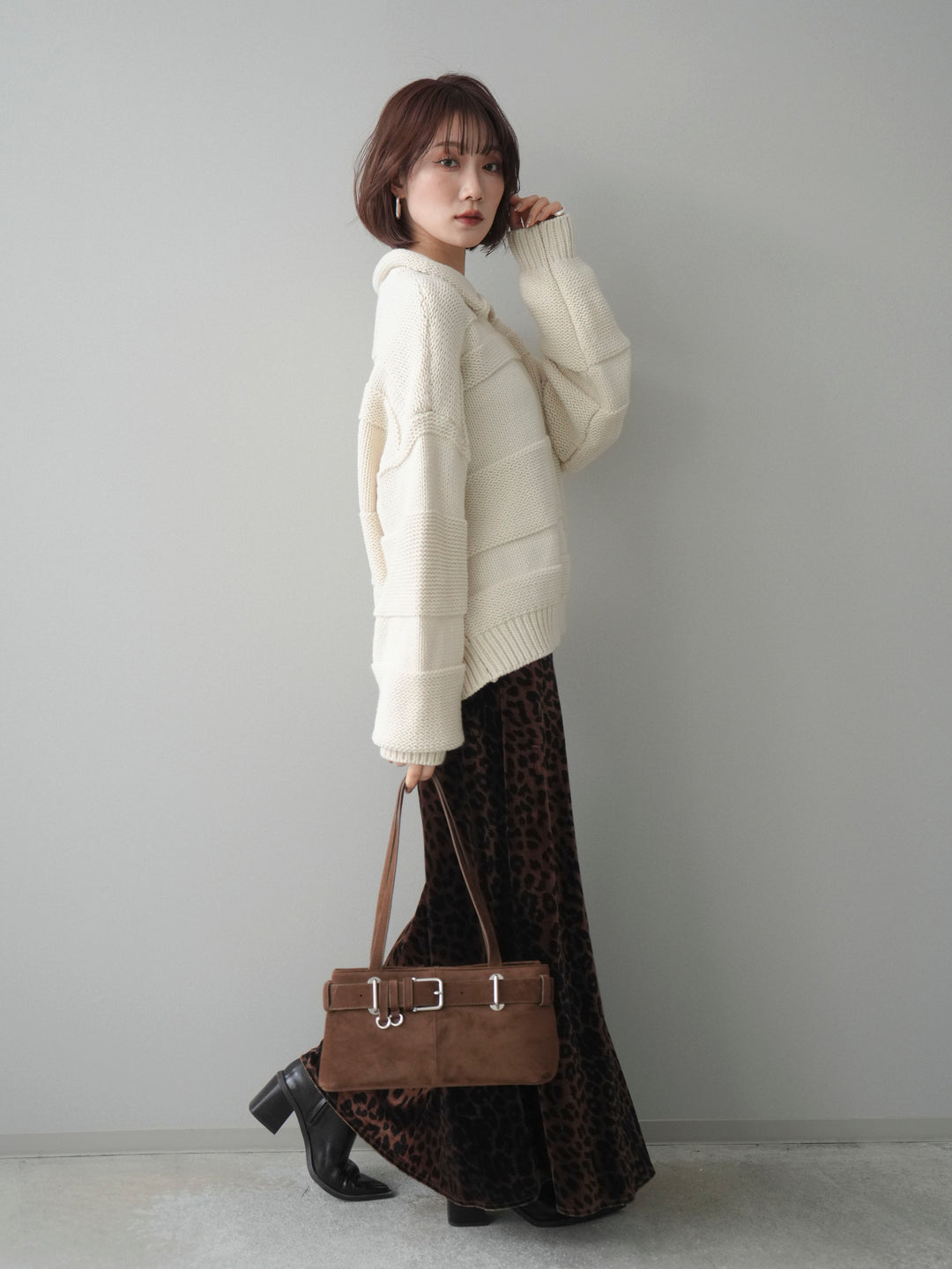 [SET]襟付きボーダー編みニットプルオーバー+レオパードベロアナロースカート(2set)
