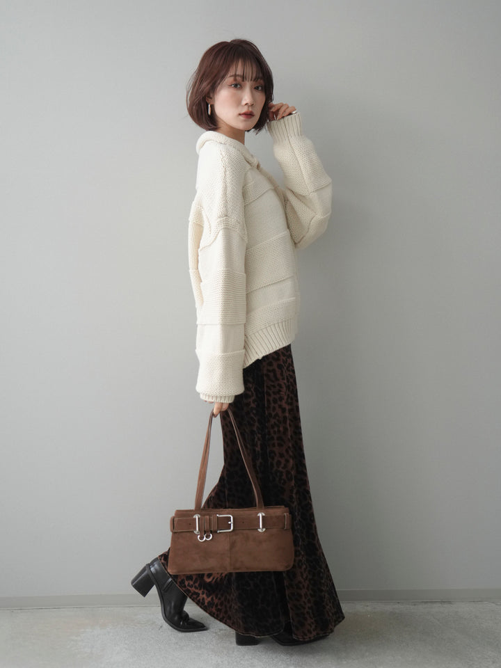 [SET]襟付きボーダー編みニットプルオーバー+レオパードベロアナロースカート(2set)