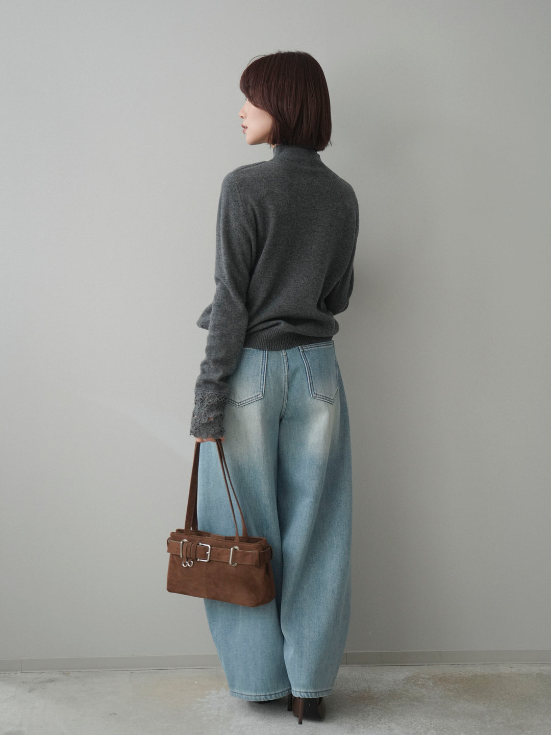 [SET]袖スカラップレースフロントボタンウールニットトップス+ベルト付裏起毛カーブデニムパンツ(2set)