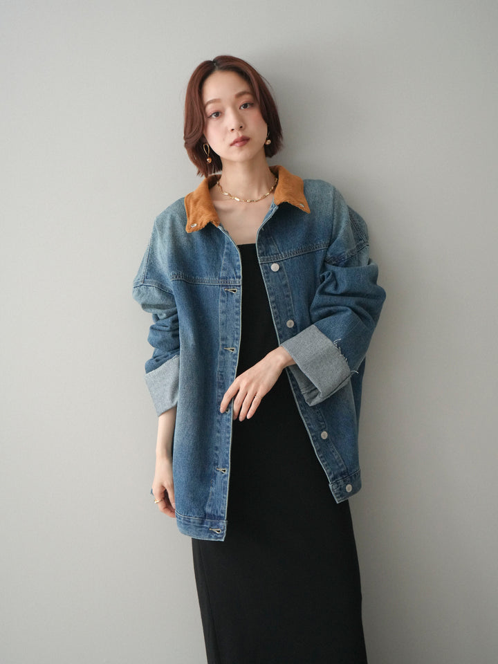 [SET]2WAYニットワンピース+コーデュロイ×デニムミドルジャケット(2set)